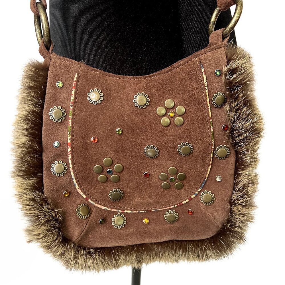 Bcbgirls Y2K Leather Crossbody Bag Rabbit Fur BOHO Festival Casual Hippie Rare